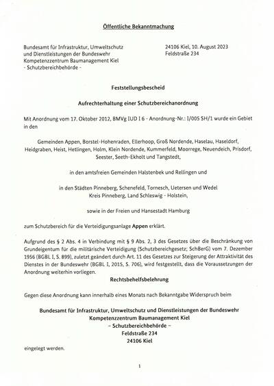 Bekantmachung zu Schutzbereichen der Bundeswehr; hier: Verteidigungsanlage Appen